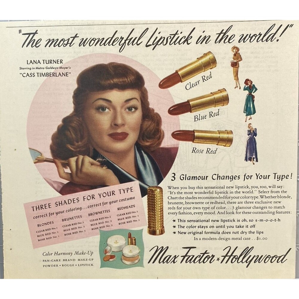 Max Factor Hollywood Lana Turner "Most Wonderful Lipstick" Vintage Print 1949